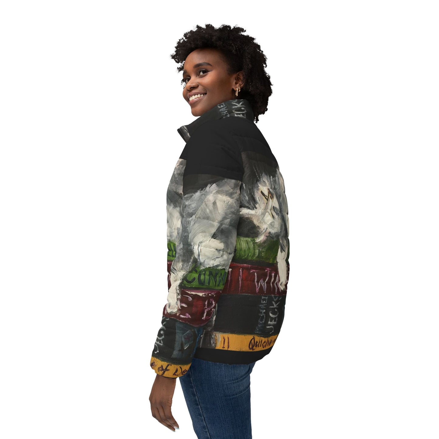 Women's Puffer Jacket - Roxy Rich Fine Art -Bibiliocat Cat Sleeping on Books