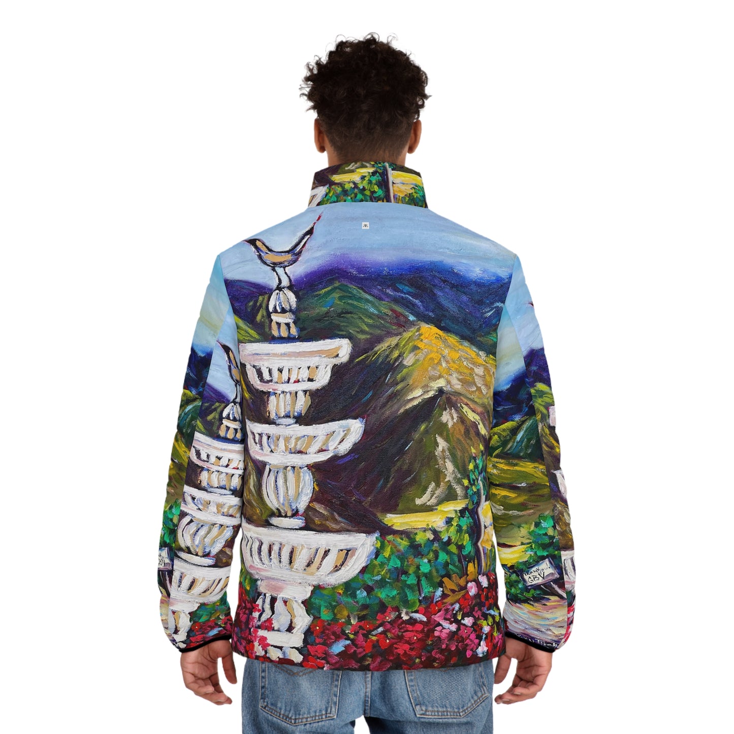Men's Puffer Jacket - Roxy Rich Art, Unique Bright Colors-Fountain Vista at GBV