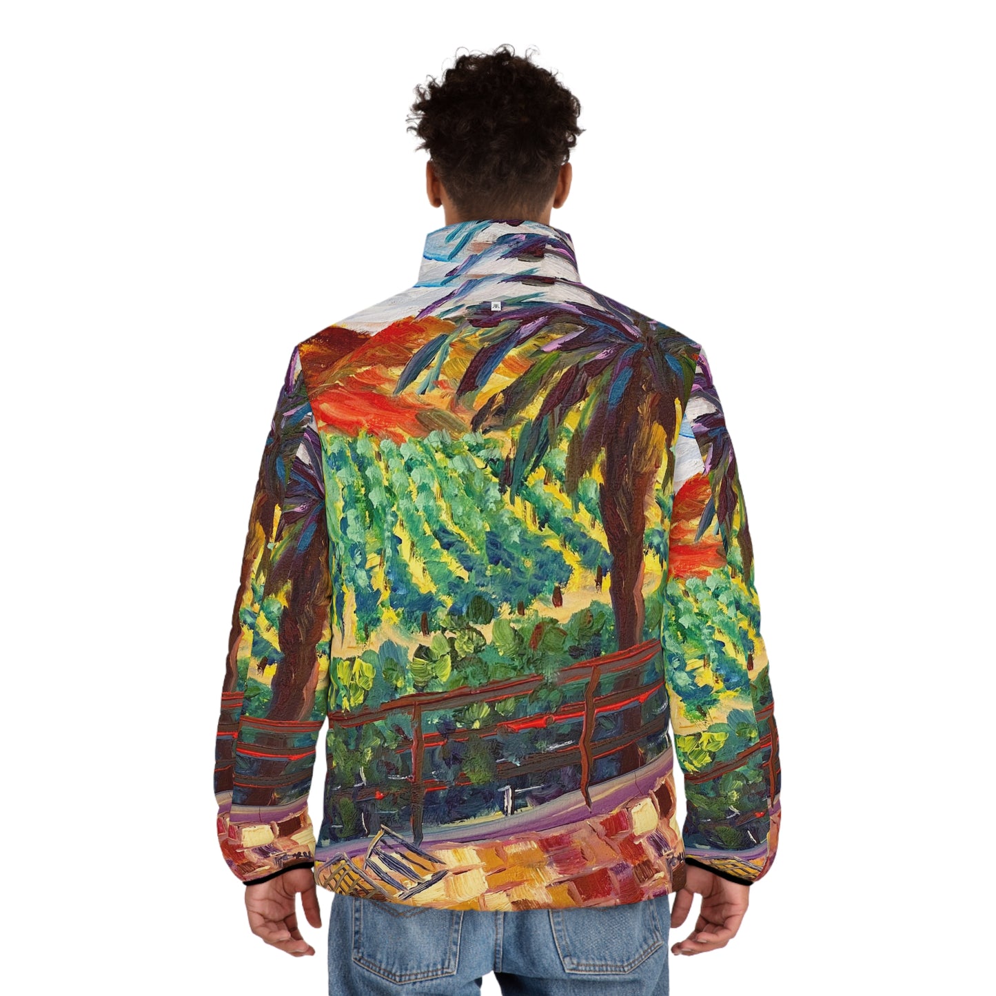 Men's Puffer Jacket - Roxy Rich Art, Unique Bright Colors-Vineyard View at Chapin