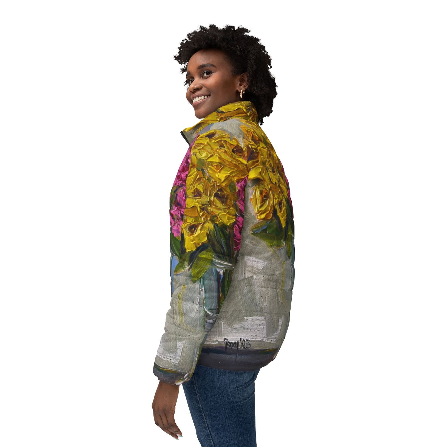 Women's Puffer Jacket - Roxy Rich Fine Art -Pink and Yellow Roses