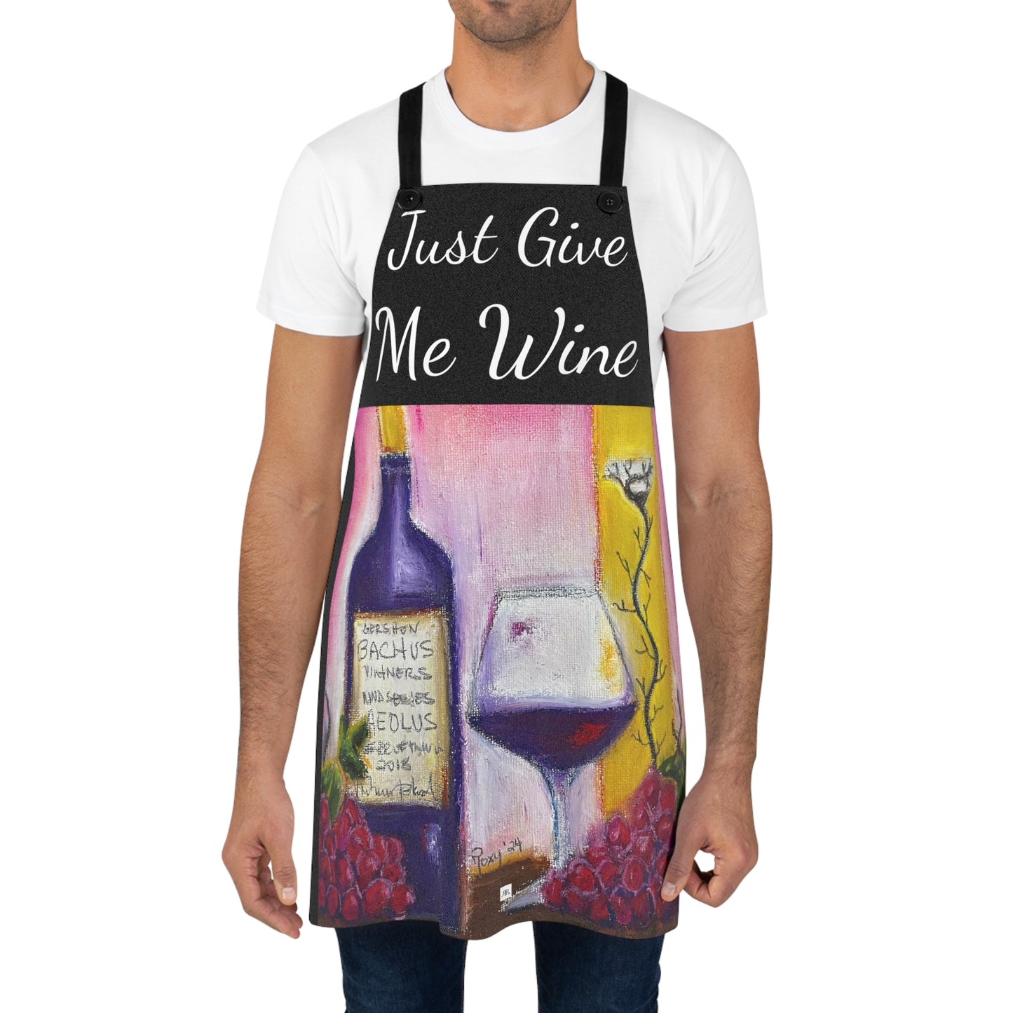 Just Give Me Wine Black Kitchen Apron with GBV Wine and Clique Glass