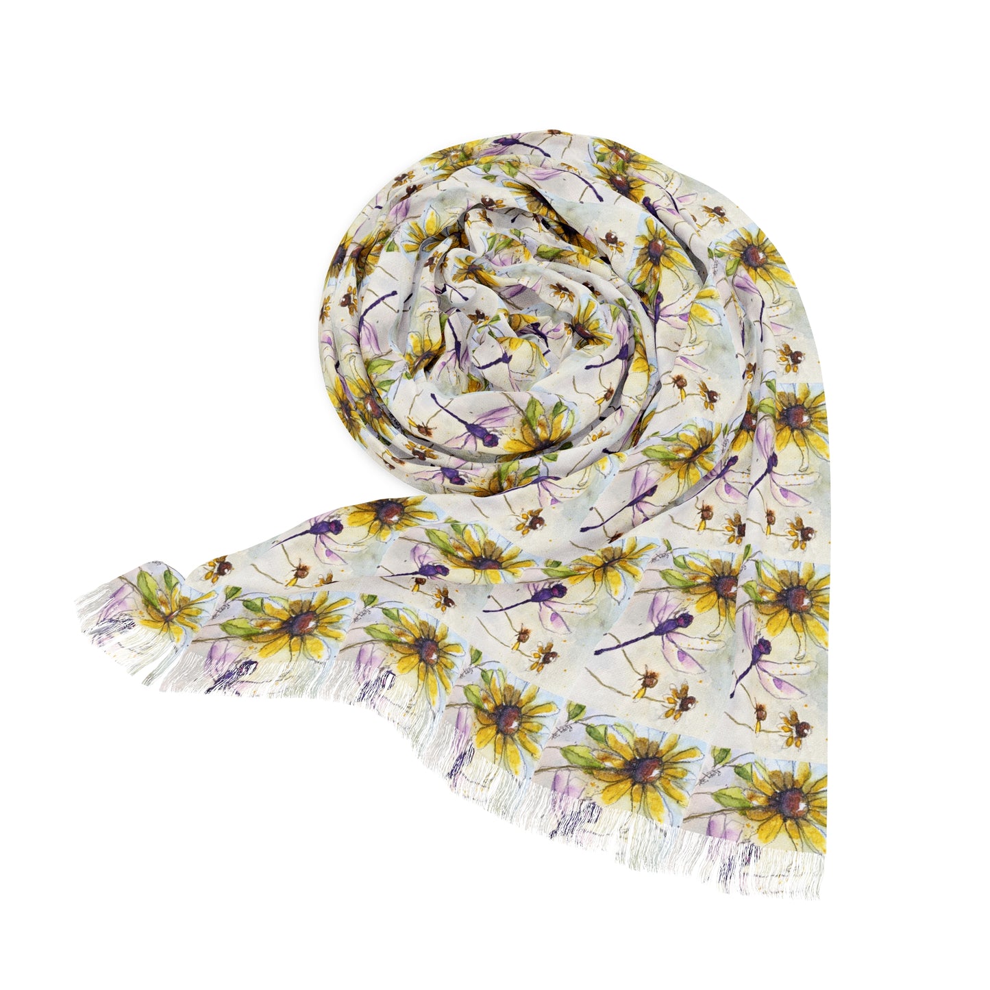 Colorful Scarf — Artistic Lightweight Neck Wrap- Purple Dragonfly with Coneflowers