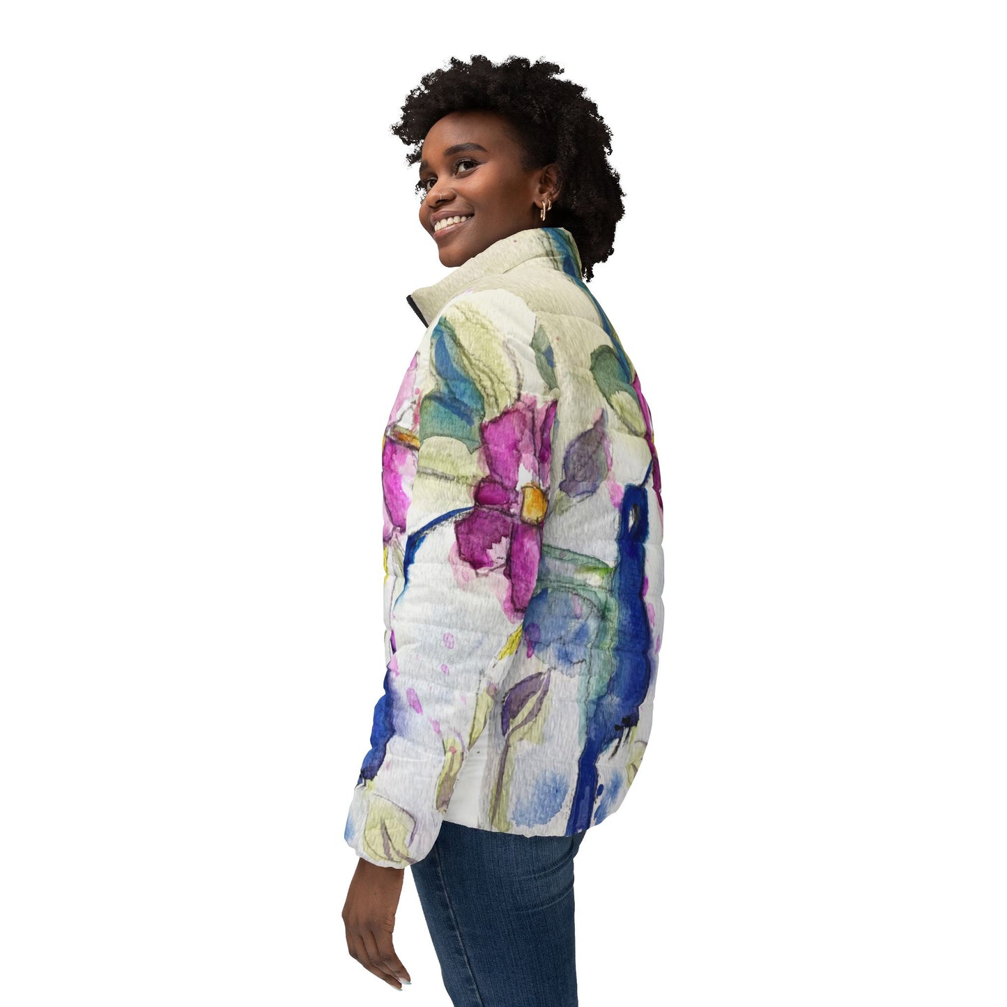 Women's Puffer Jacket - Roxy Rich Fine Art Design-Hummingbird in Spring