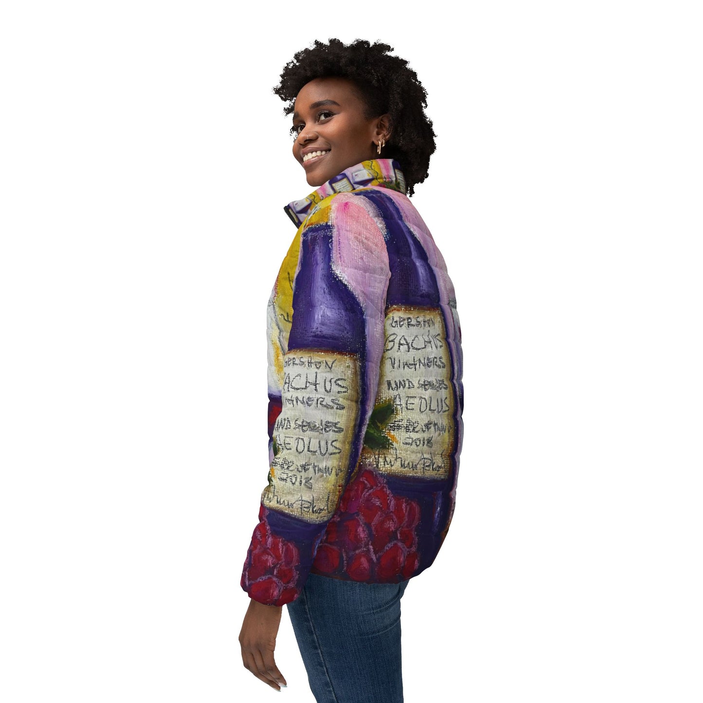 Women's Puffer Jacket - Roxy Rich Fine Art Design-Aeolus GBV Wine and Clique Glass