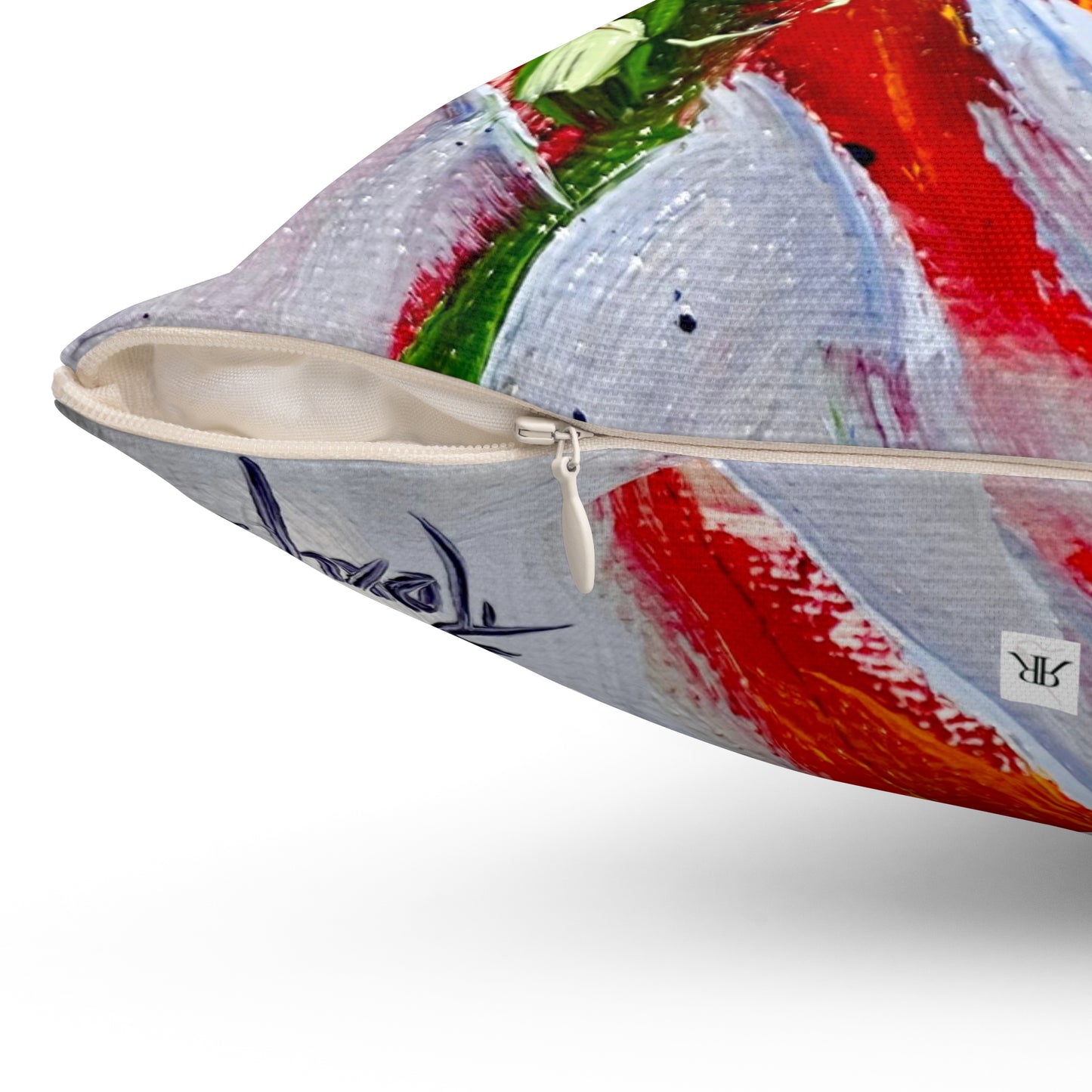 Colibrí en una almohada cuadrada de poliéster hilado para interiores con coneflower