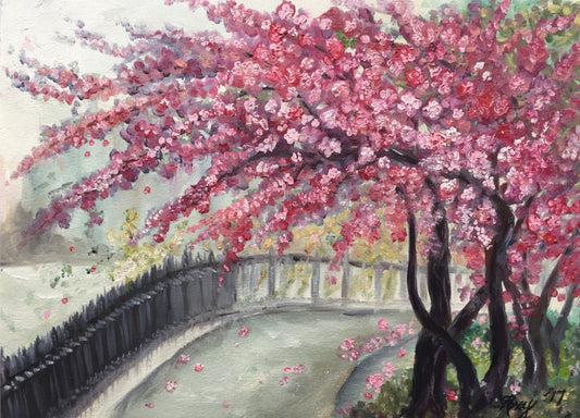 April in Paris Cherry Blossoms Oil Landscape Painting Framed