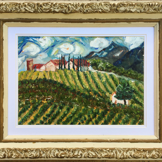 Avensole Vineyard and Winery-Original Impressionnisme contemporain Peinture de paysage à l’huile encadrée