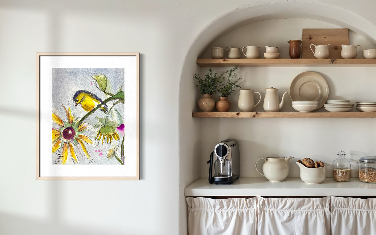 Sunflower Snacks Goldfinch-Original Watercolor Painting 4x6 Framed