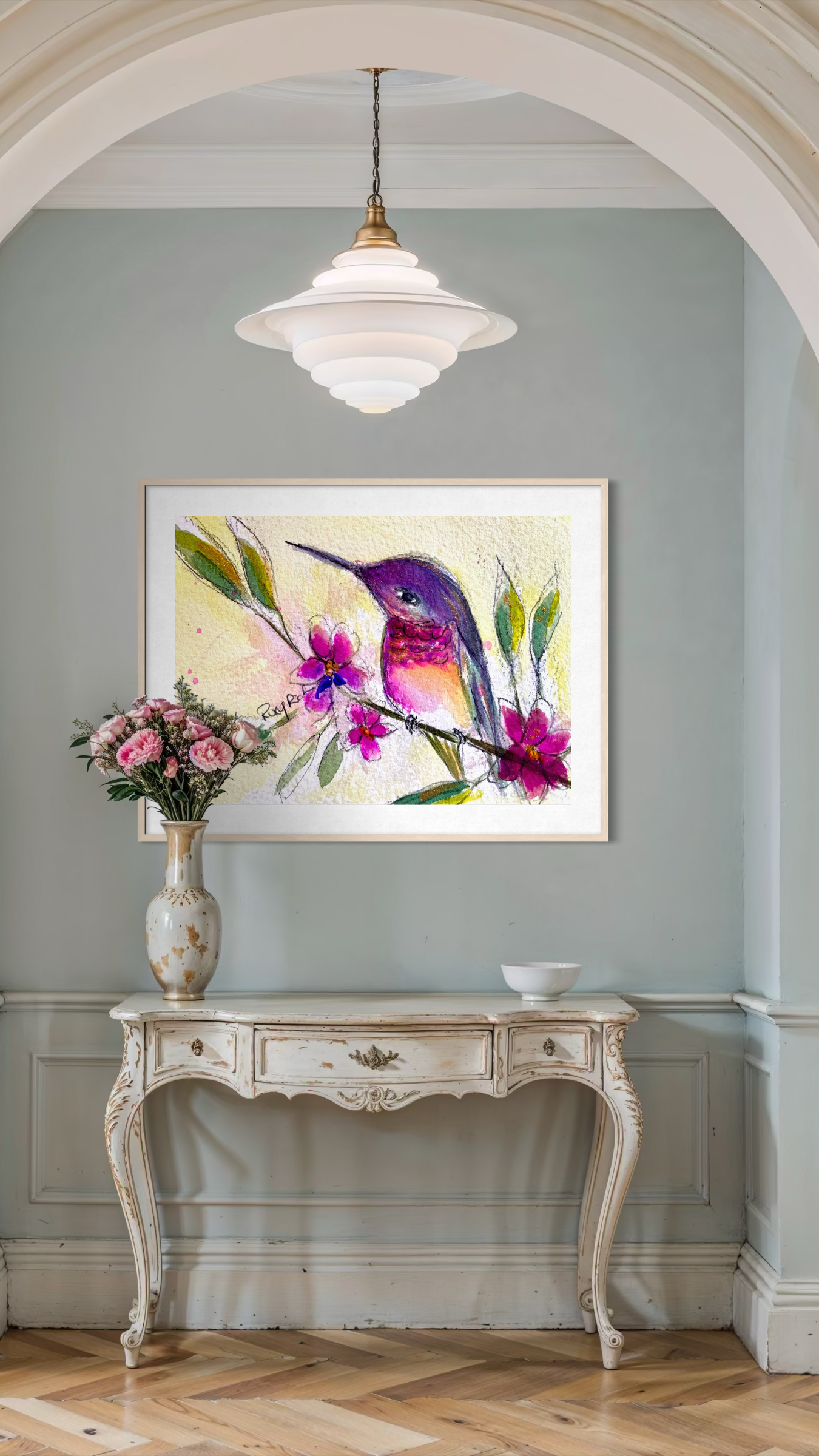 Hummingbird-Original Watercolor Painting 4x6 Framed