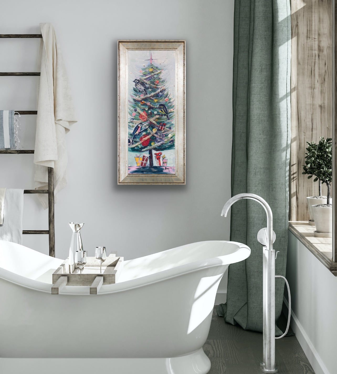 Festive Feathers (Birds in a Christmas Tree) Original Oil Painting 8 x 20