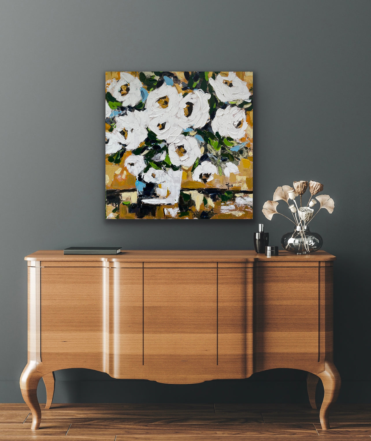 Shabby Roses in Gold 30 x 30 Embellished Giclee Print