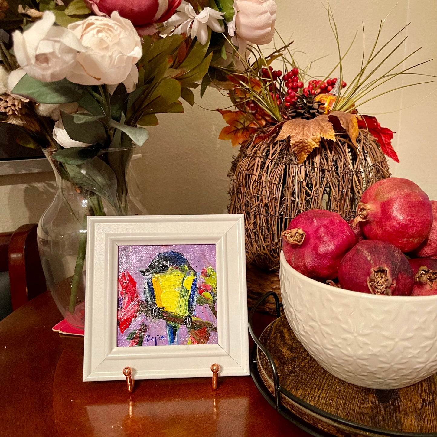 Blue Tit on a Rose Original Oil Painting 4x4 Framed