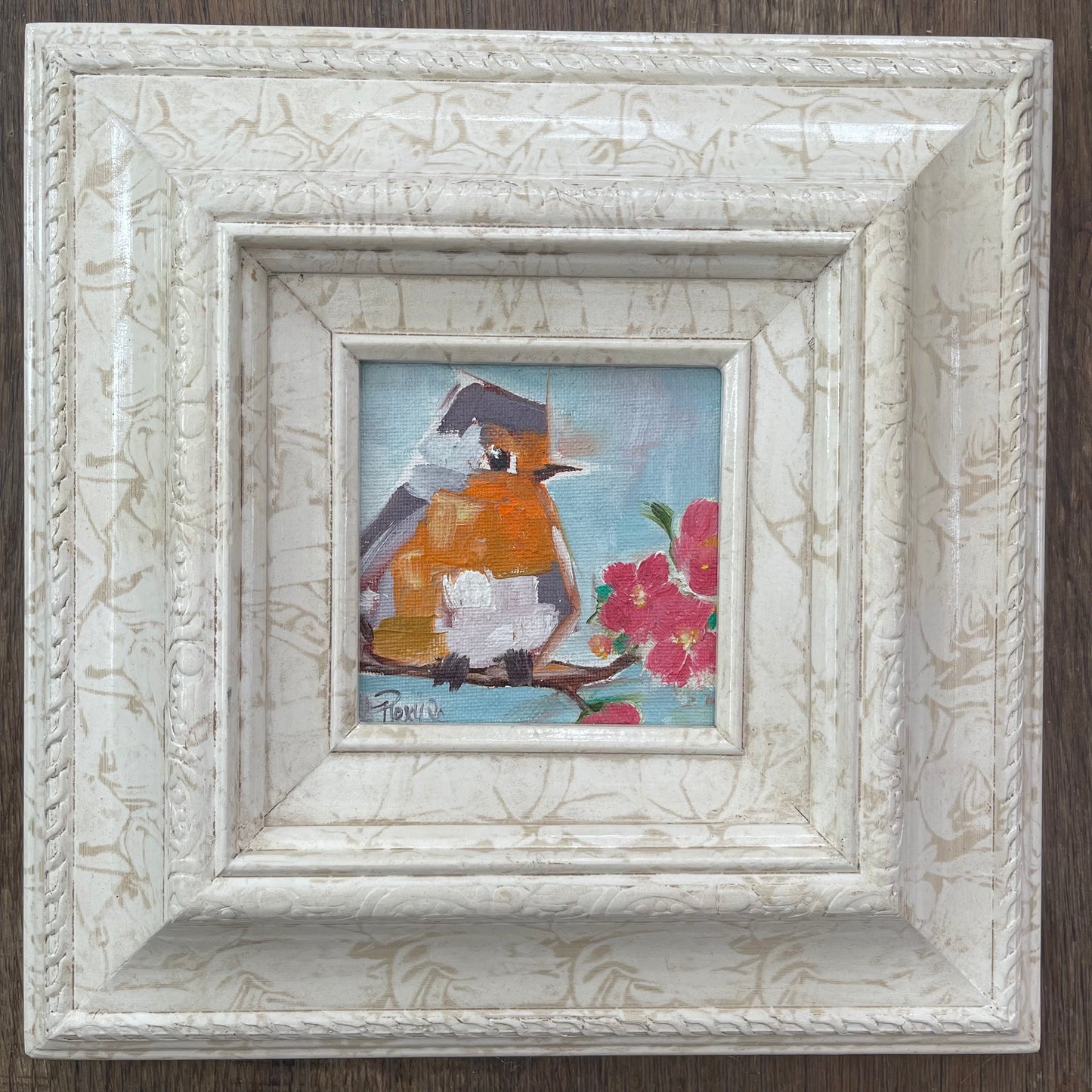 Fat Little Robin Original Oil Painting 4x4 Framed