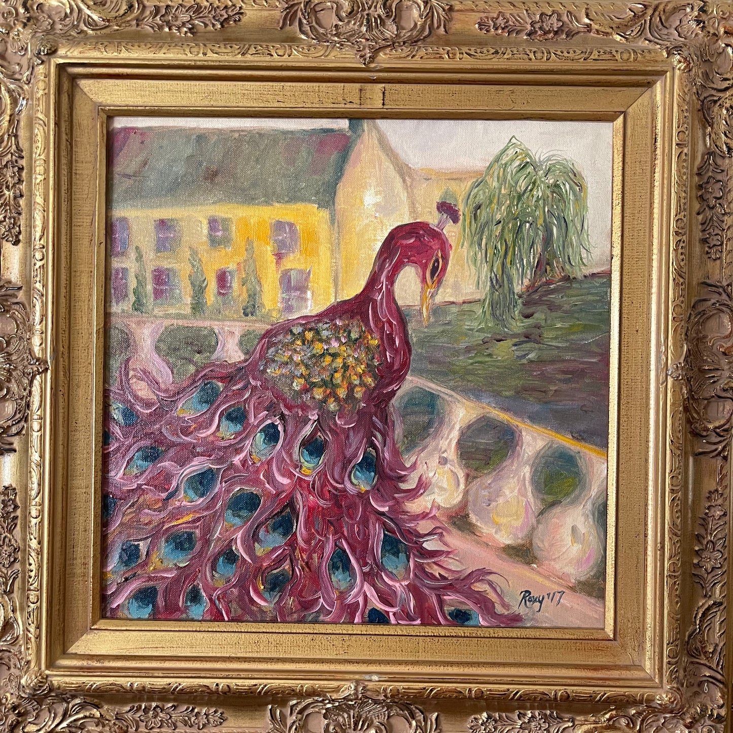 Resident Menace (peacock) -Original Cotswold Oil Painting Framed