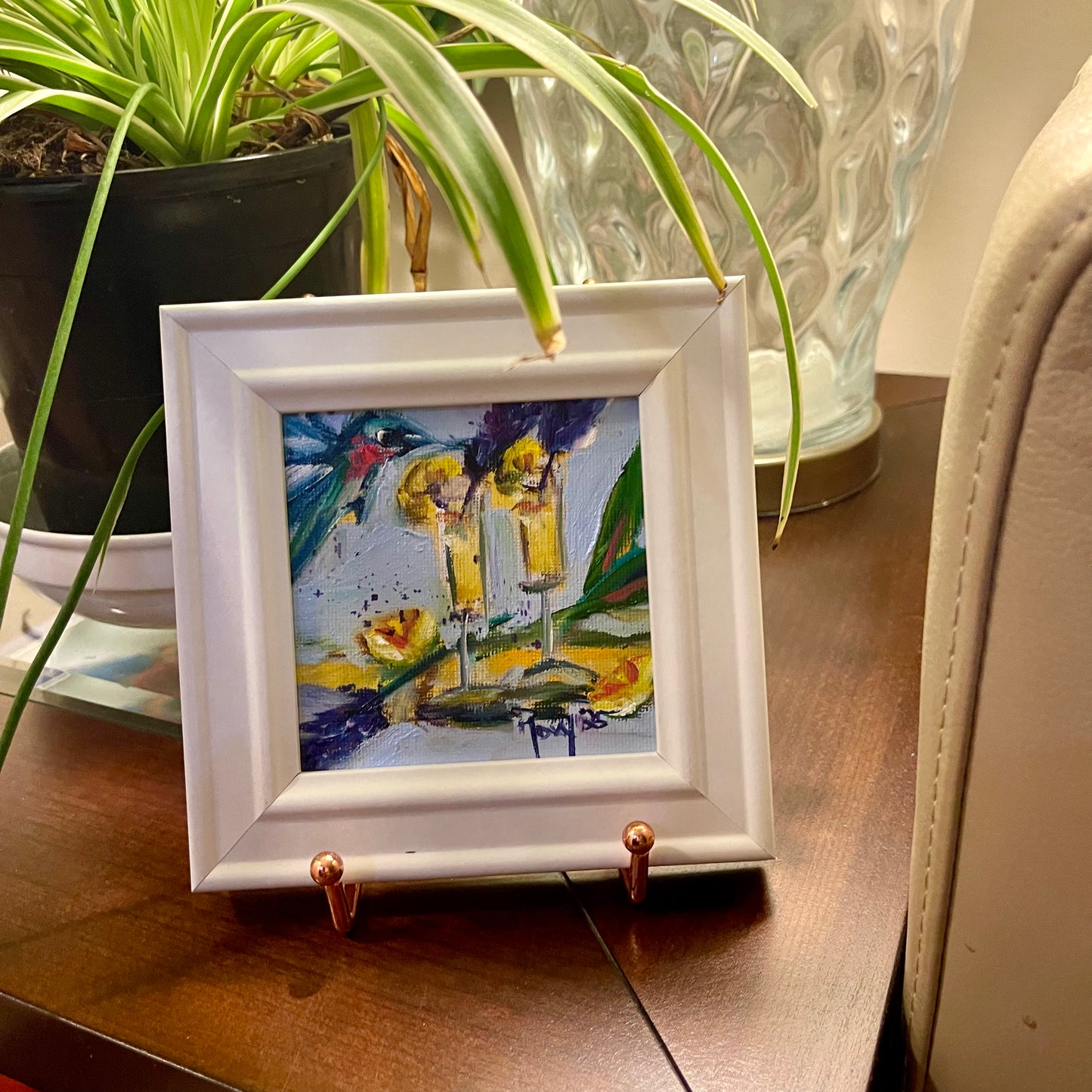 Sparkling Encounter Hummingbird Original Oil Painting 4x4 Framed