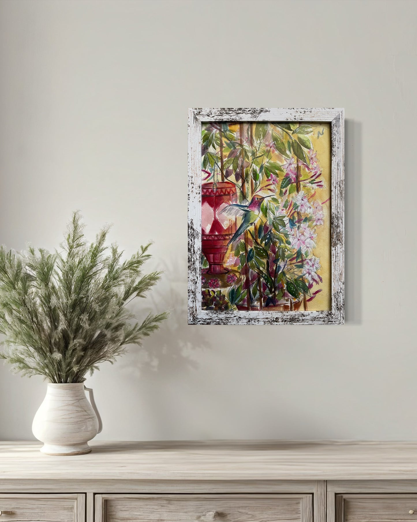 Original Watercolor Painting Framed-Hummingbird and Jasmine