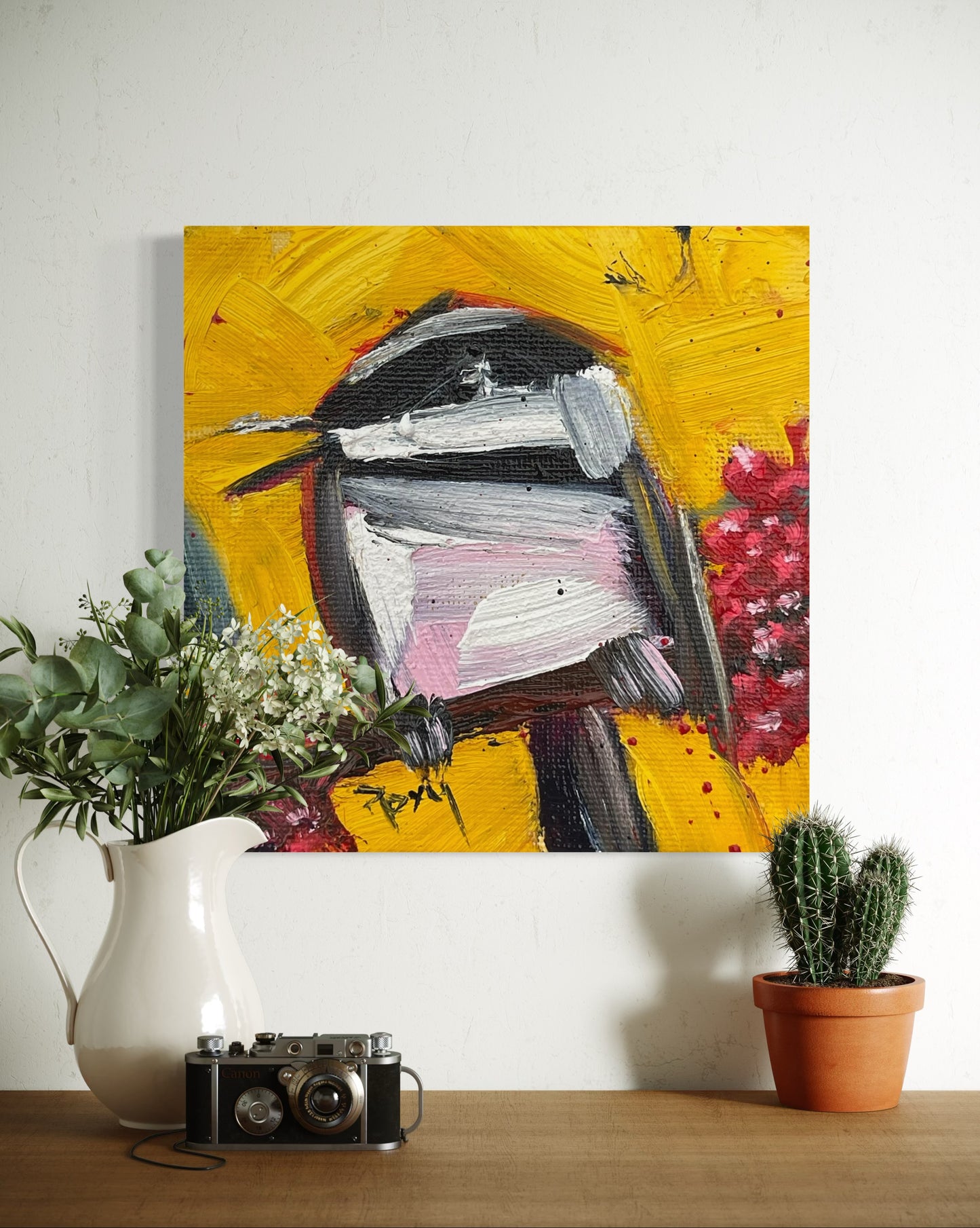 Chirpy Chickadee Original Oil Painting 4x4 Framed