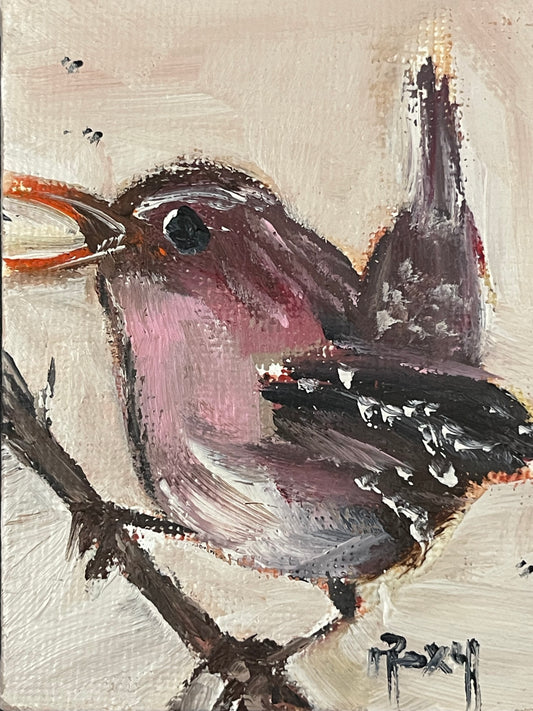 Singing Wren Bird-Original Miniature Oil Painting with Stand