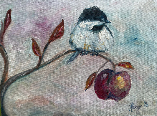 Chickadee in an Apple Tree Original Oil Painting 6x8 Unframed