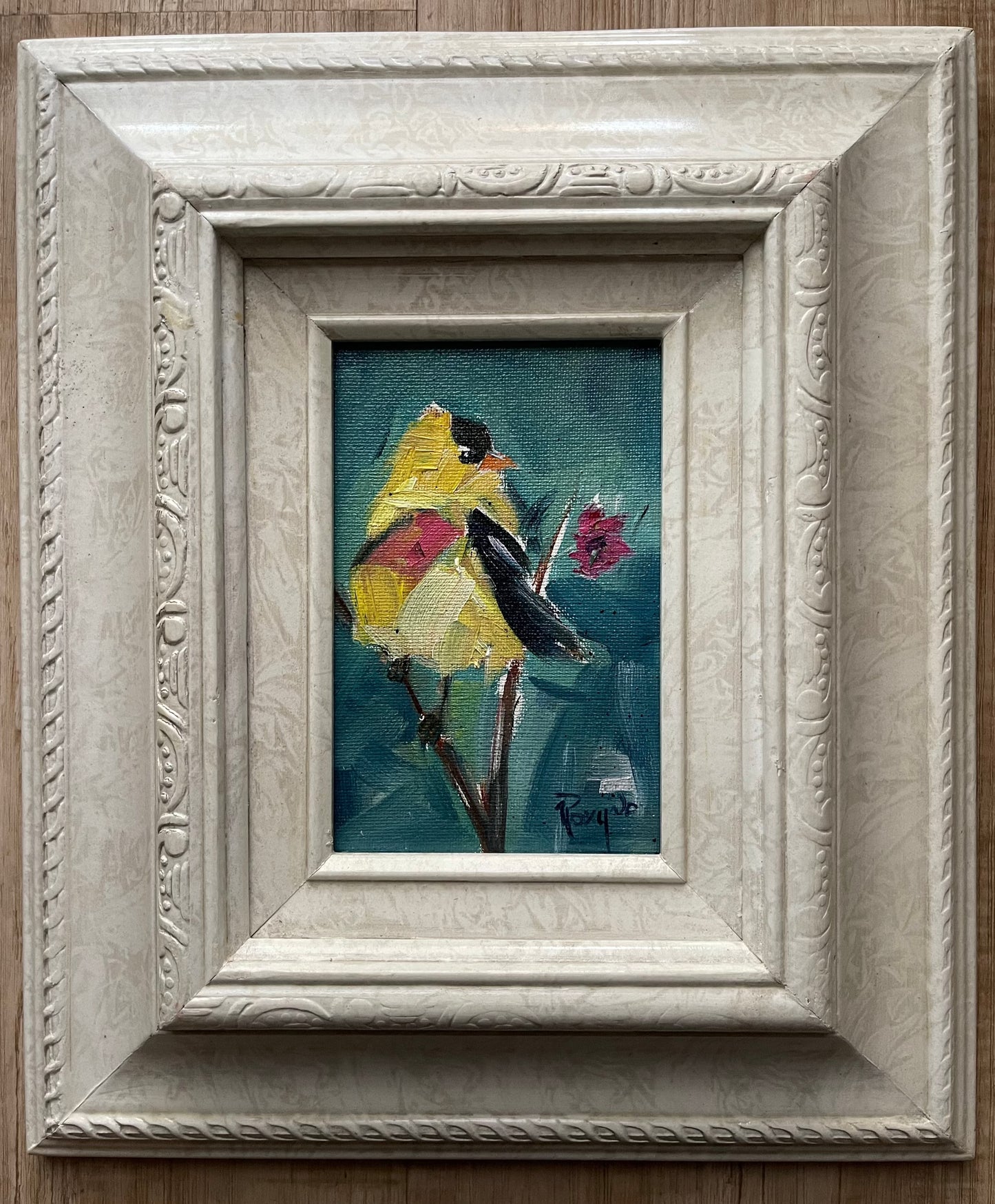 Fluffy American Goldfinch- 4 x 6 Original Oil Painting Framed