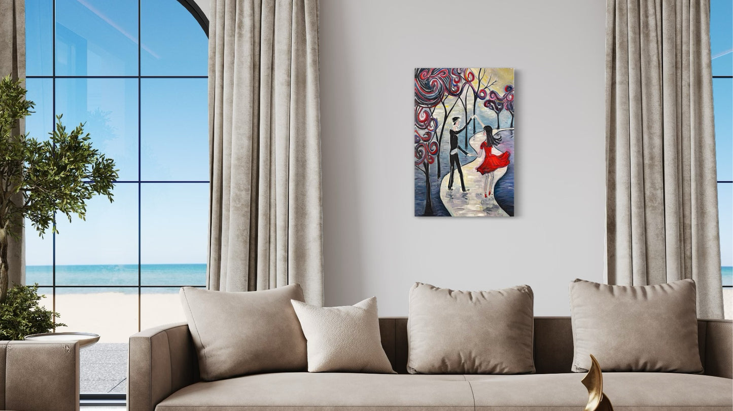 Danse au clair de lune Peinture à l’huile originale Couple romantique à Paris