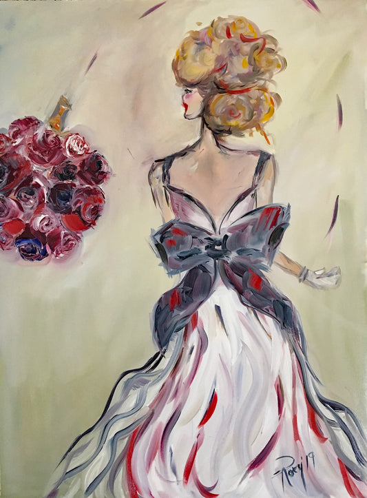 Who's Next? Original Bride Throwing Bouquet Oil Painting Framed