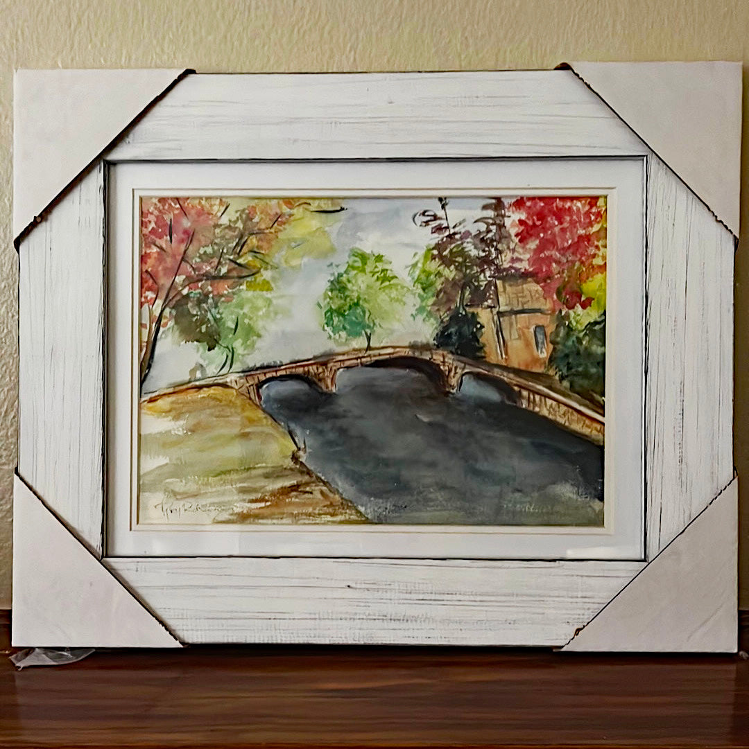 Bridge at Bourton on the Water Cotswold Original Watercolor Painting Framed