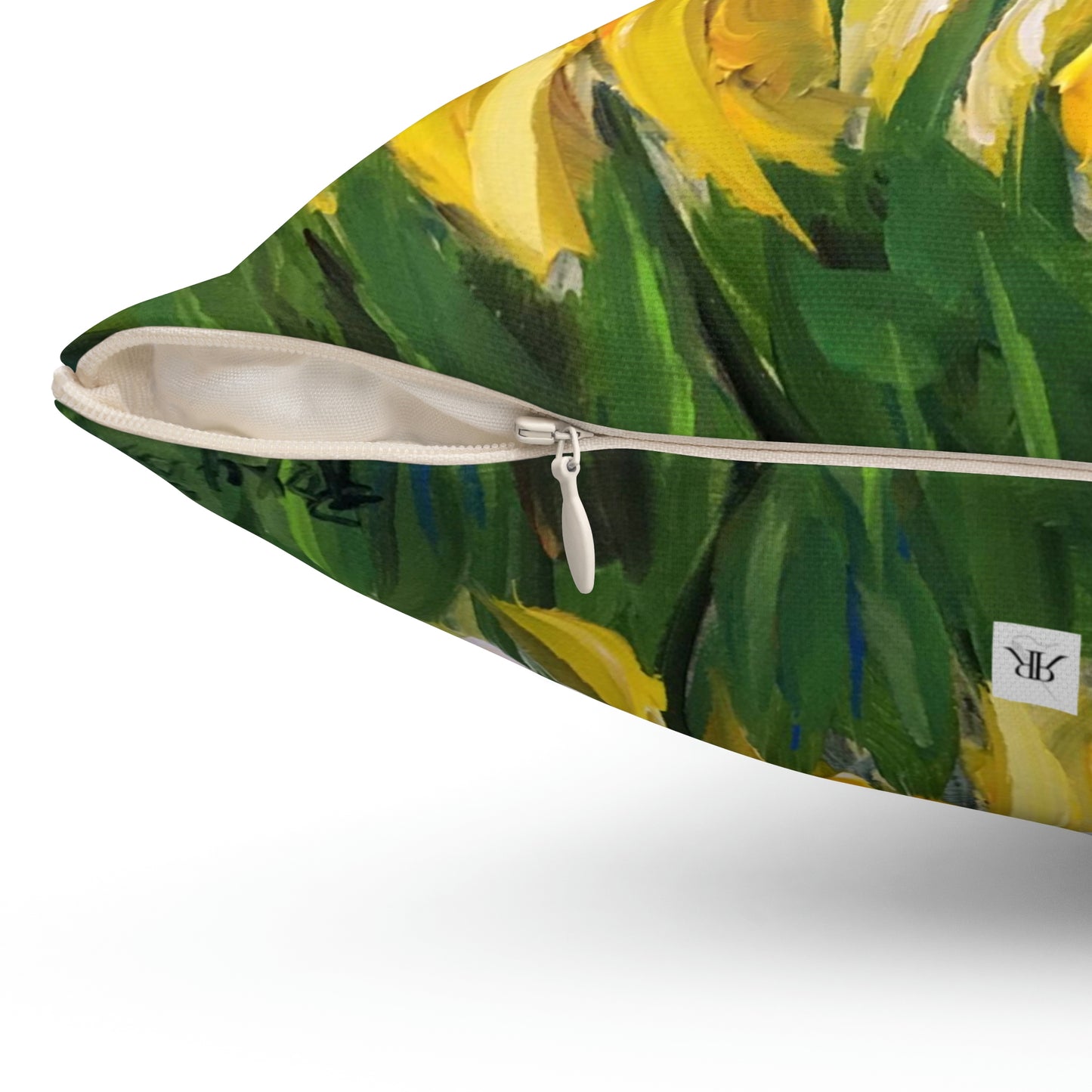 Almohada cuadrada de poliéster hilado para interiores con flores amarillas