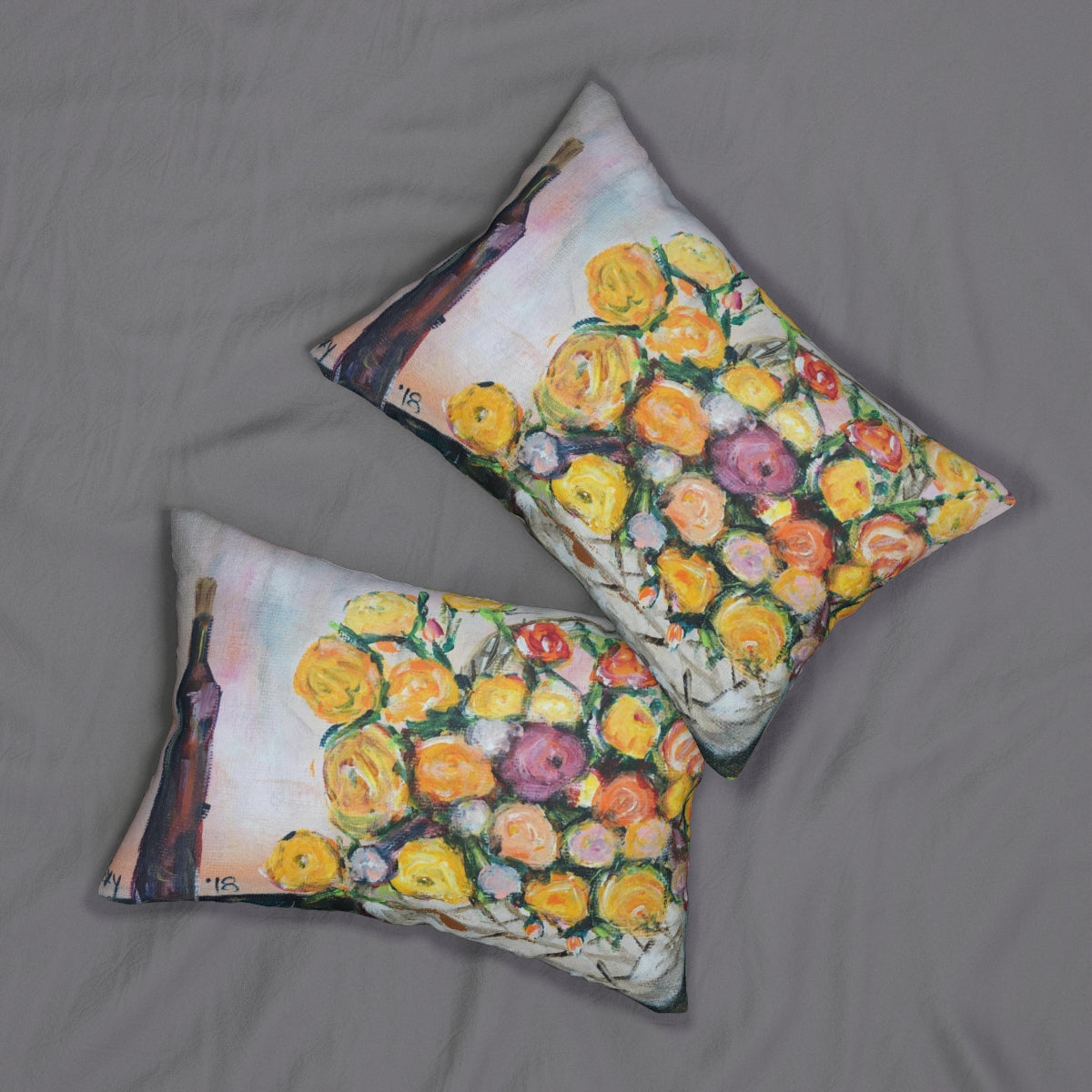 Coussin lombaire vin et renoncules jaunes