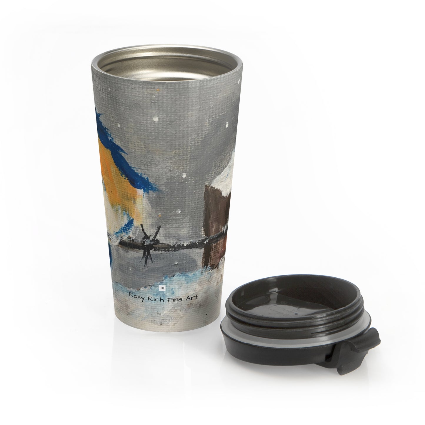 Bluebird gordo y esponjoso posado sobre un alambre de púas en la nieve Taza de viaje de acero inoxidable