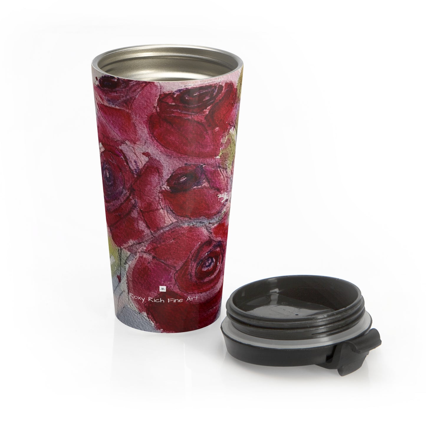 Taza de viaje de acero inoxidable con rosas rojas