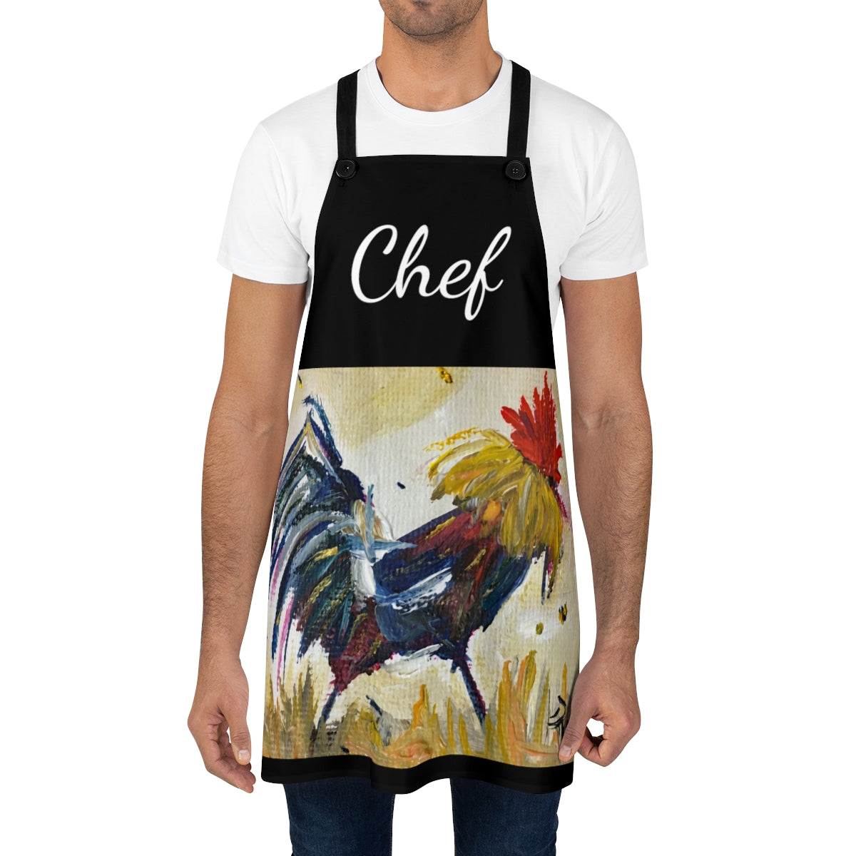 Chef Black Kitchen Apron with Original Rooster Painting Art Print Wearable Art