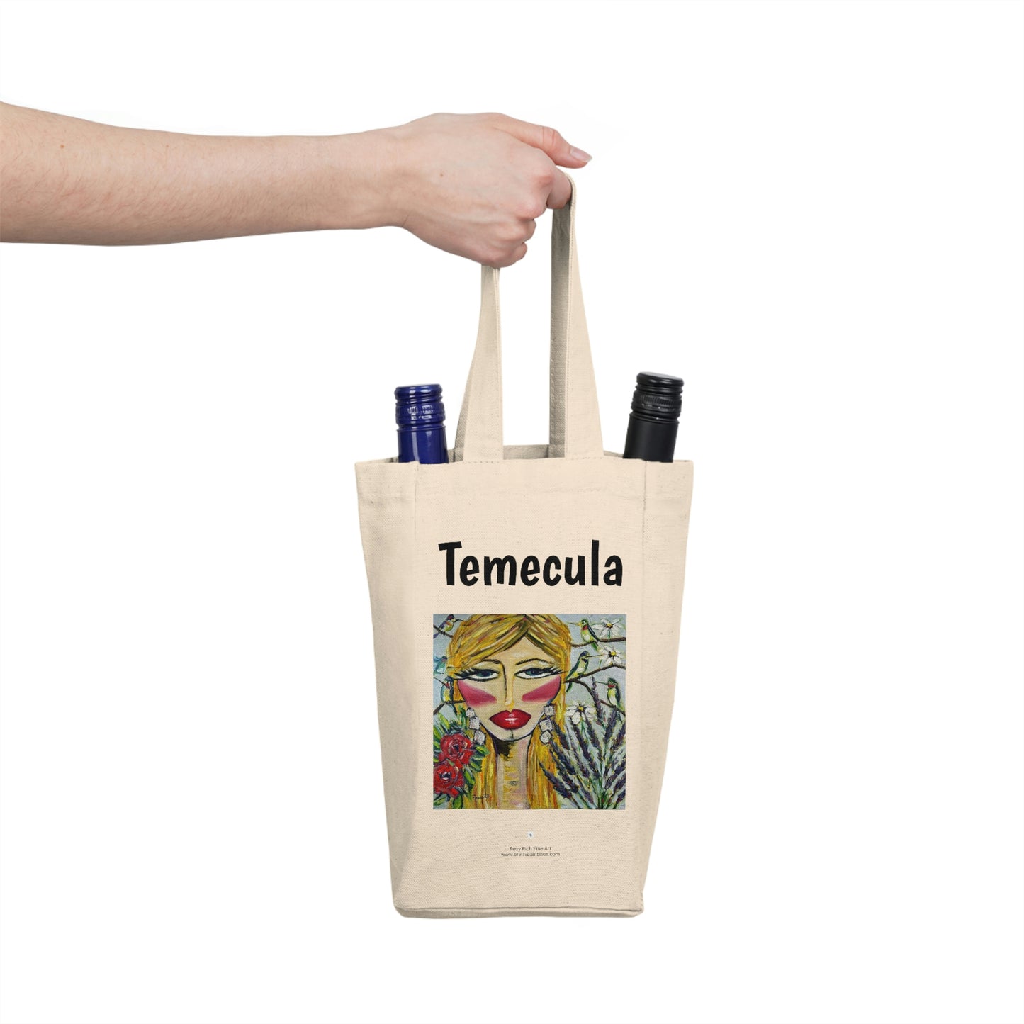 Temecula Double Wine Tote Bag featuring "Hummingbird Lady" painting