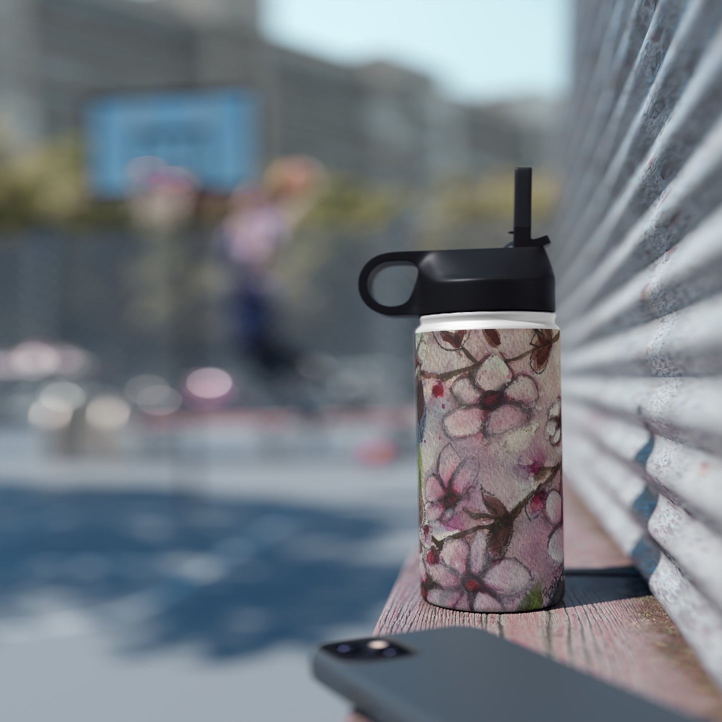 Colibri dans des fleurs de cerisier Bouteille d'eau en acier inoxydable, couvercle standard