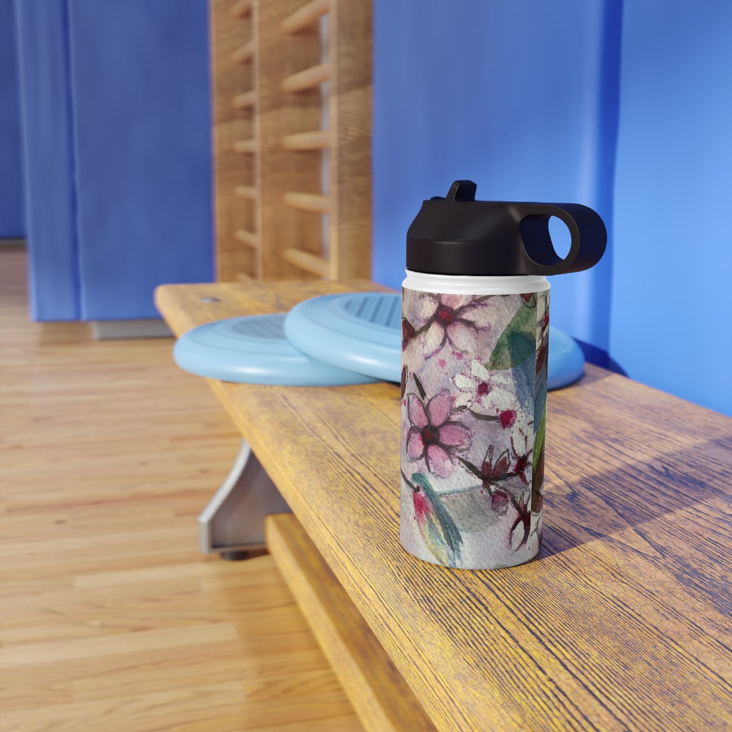 Colibri dans des fleurs de cerisier Bouteille d'eau en acier inoxydable, couvercle standard
