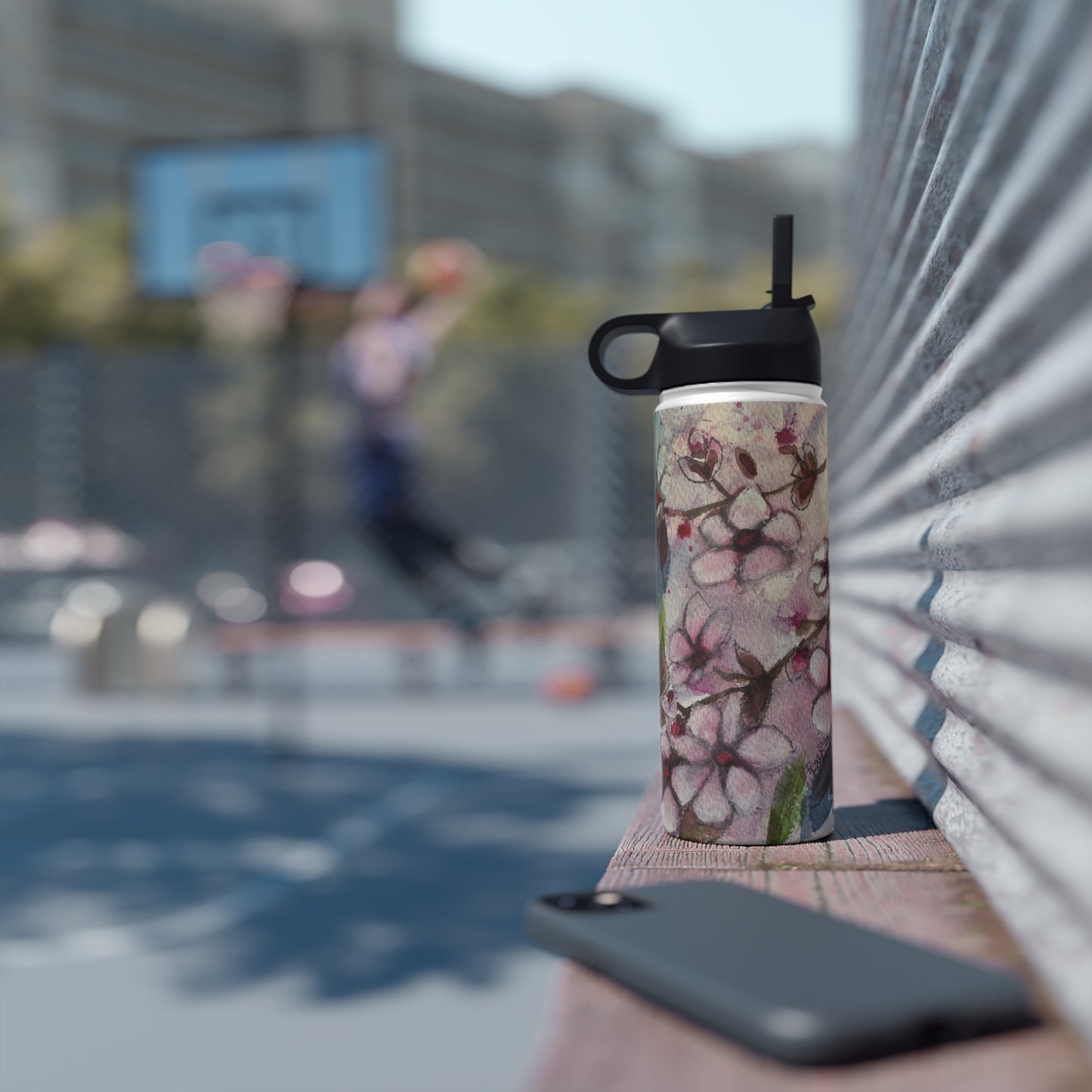 Colibri dans des fleurs de cerisier Bouteille d'eau en acier inoxydable, couvercle standard