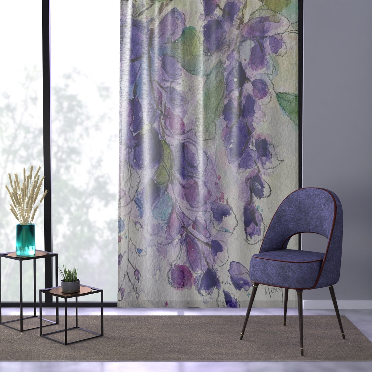 Purple Wisteria print on 84 x 50 inch Sheer Window Curtain