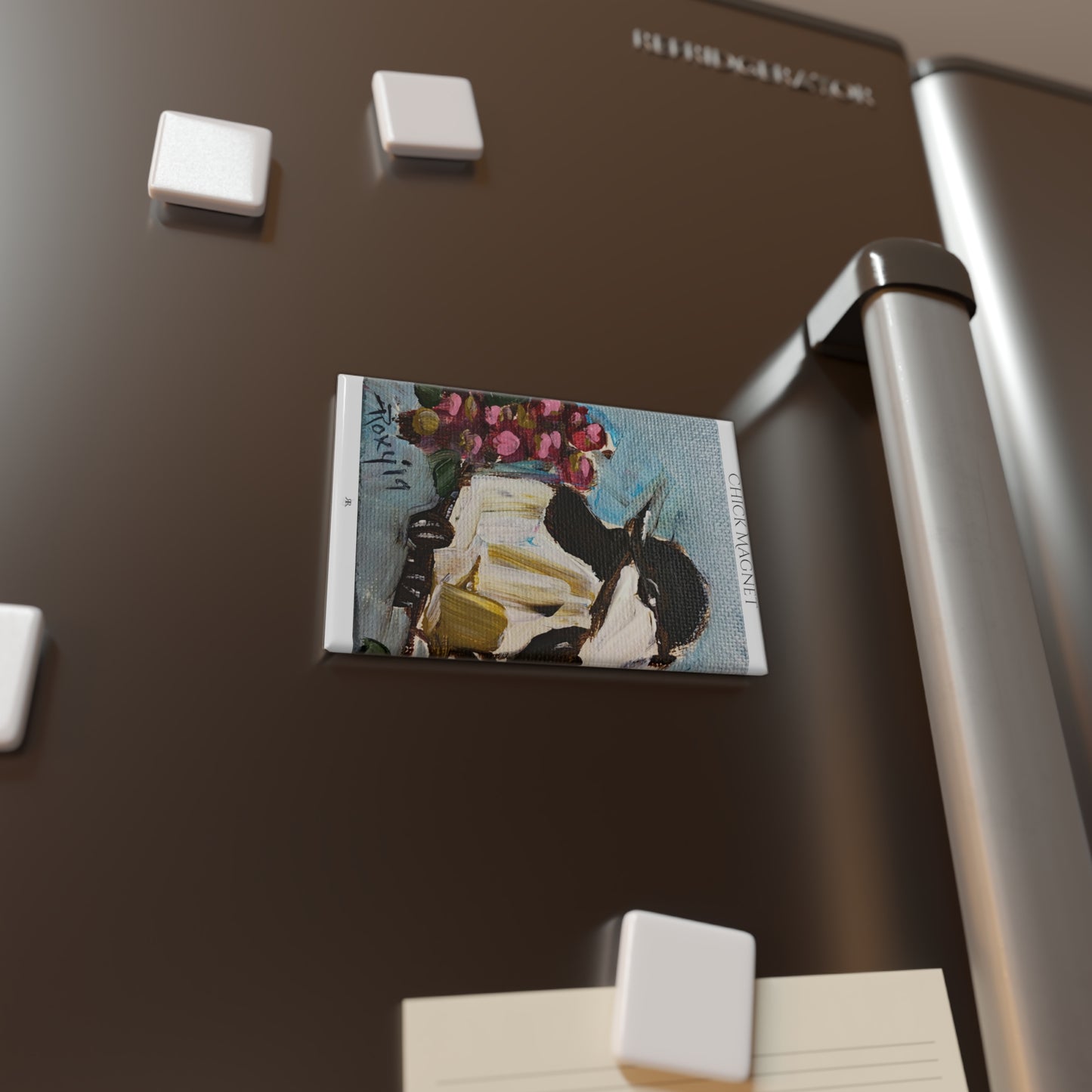 Adorable Chickadee Bird with pink berries "Chick Magnet" Button Magnet, Rectangle