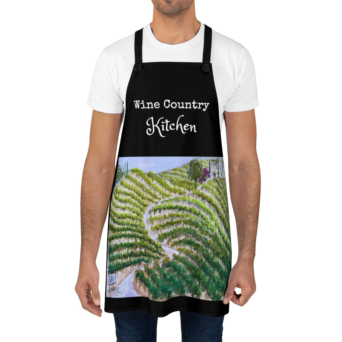 Delantal de cocina negro Wine Country Kitchen Chef con pintura original de viñedos