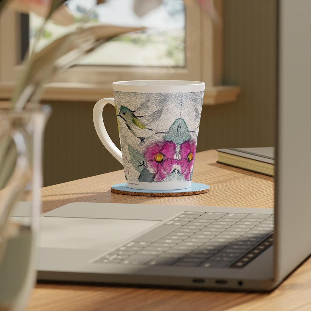 Whimsical Hummingbird Trumpet Vine Latte Mug, 12oz Art Gift
