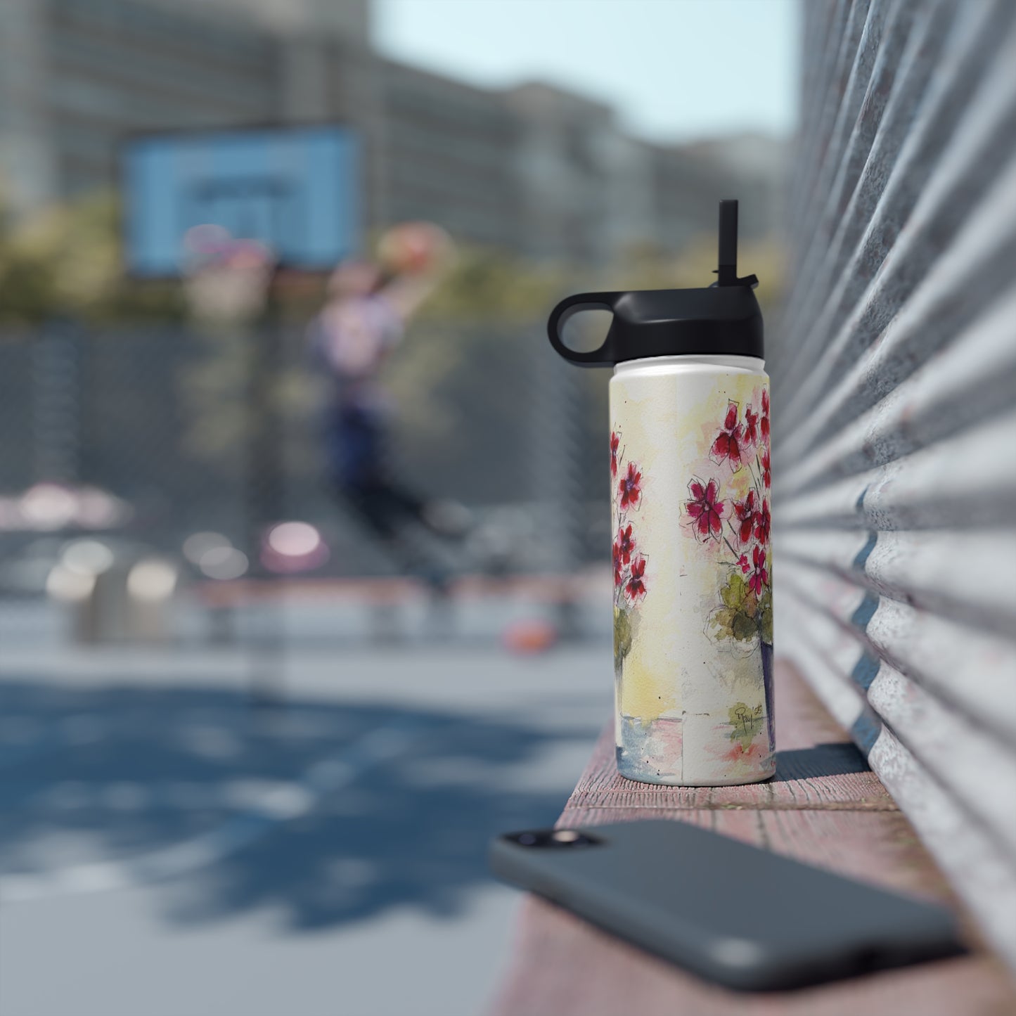 Red Ivy Geraniums Stainless Steel Water Bottle, Standard Lid