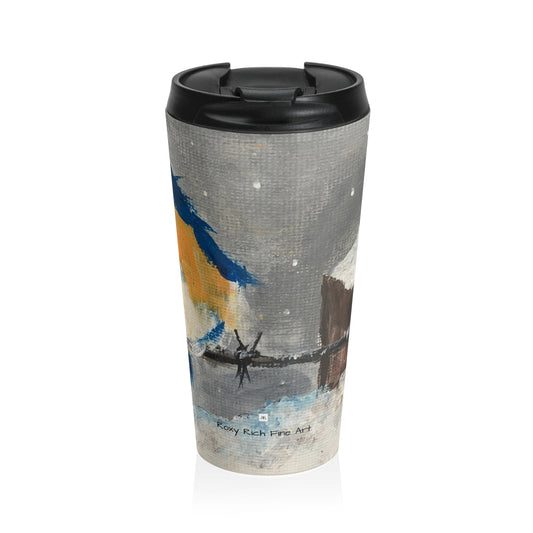 Fluffy Fat Bluebird perched on a Barbed Wire in Snow Stainless Steel Travel Mug