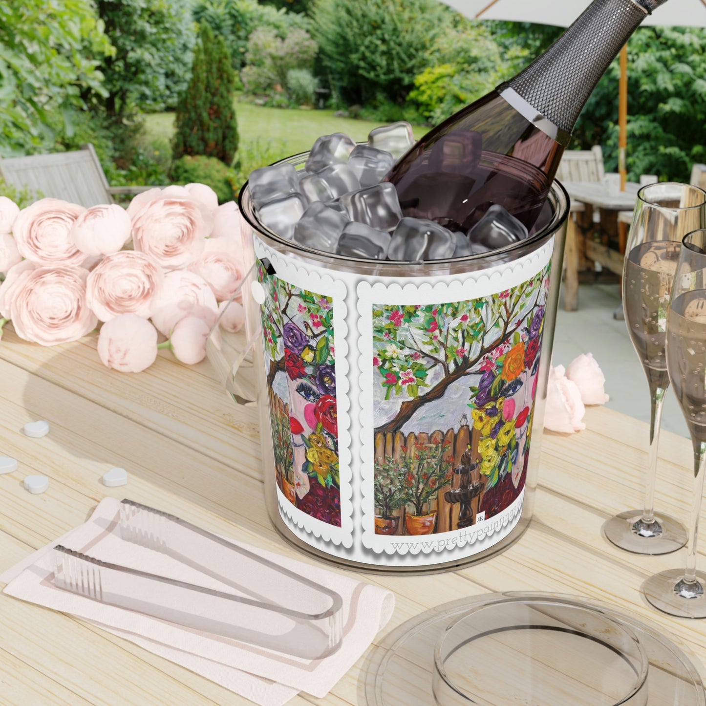 Birds and Blossoms Wine or Ice Bucket with Tongs