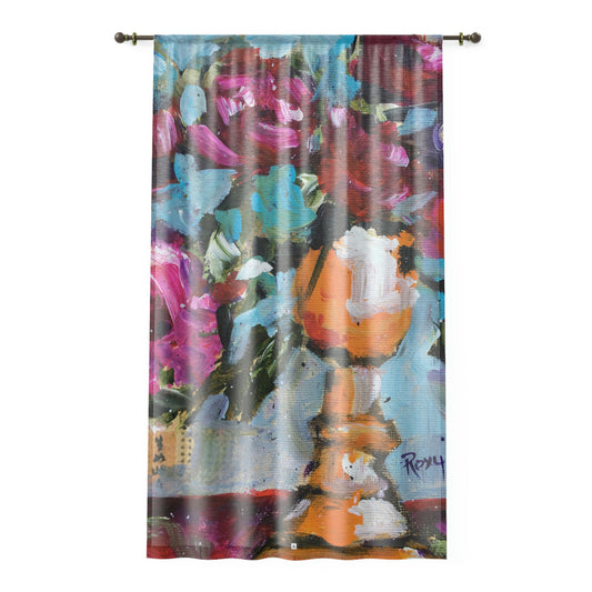 Pink Roses in an Orange Goblet 84 x 50 inch Sheer Window Curtain