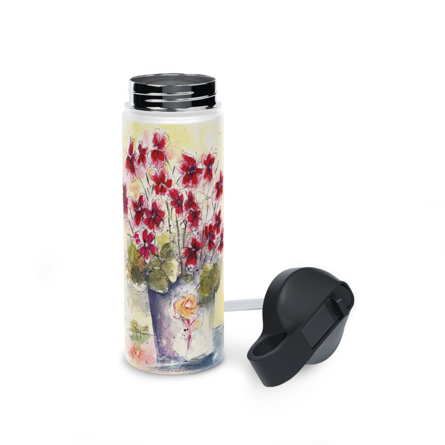 Red Ivy Geraniums Stainless Steel Water Bottle, Standard Lid