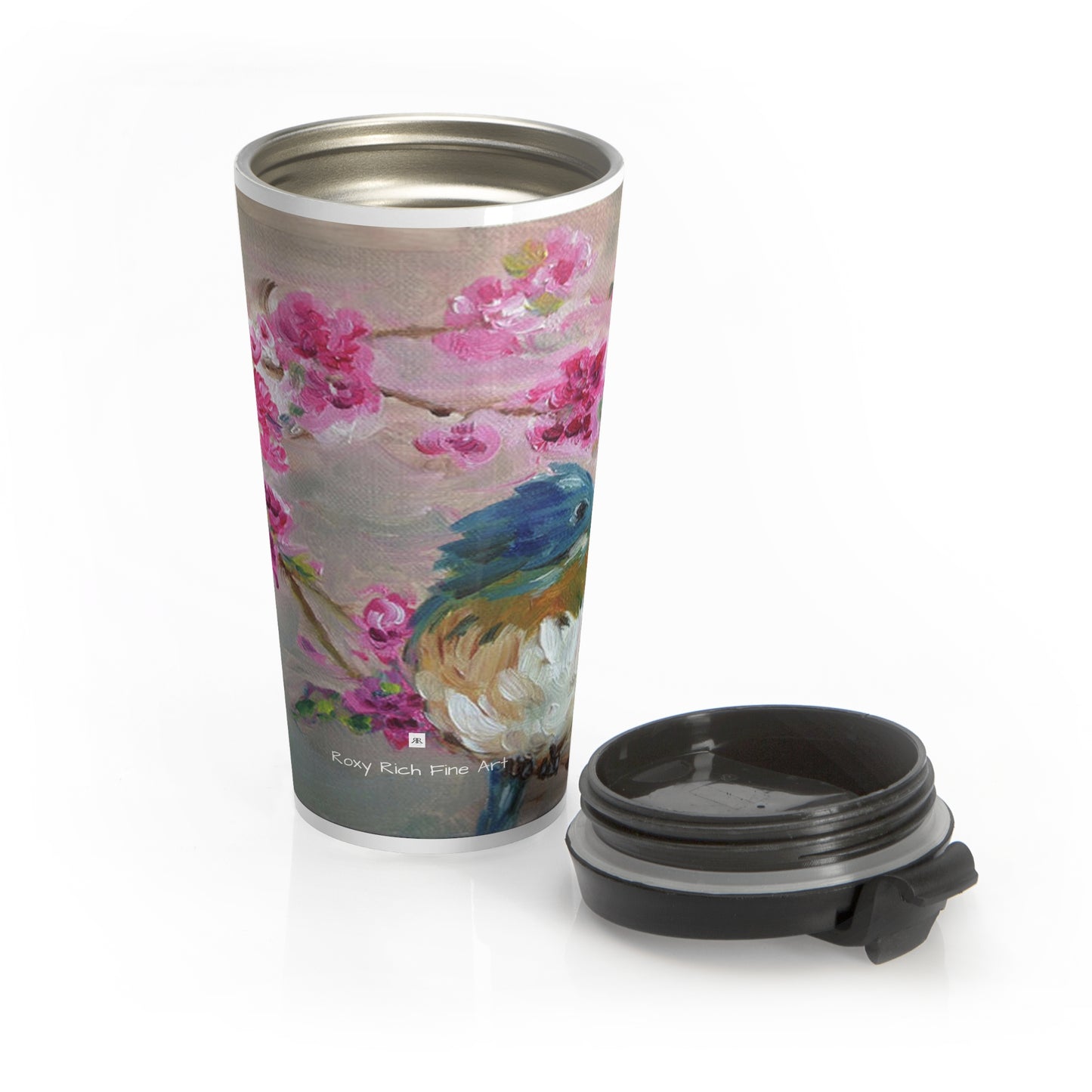 Tasse de voyage en acier inoxydable Bluebird perché sur une branche de fleurs de cerisier