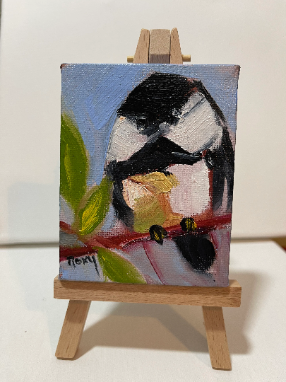 Adorable Chickadee-Original Miniature Oil Painting with Stand