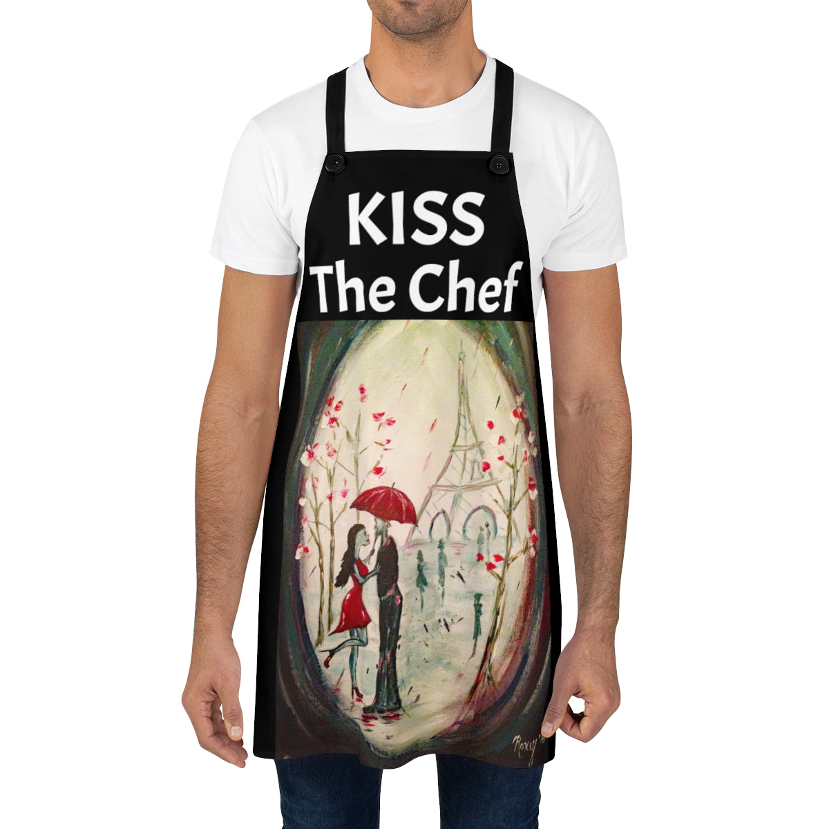 Bese al chef en un delantal de cocina negro con pintura original de los amantes de París Lámina artística