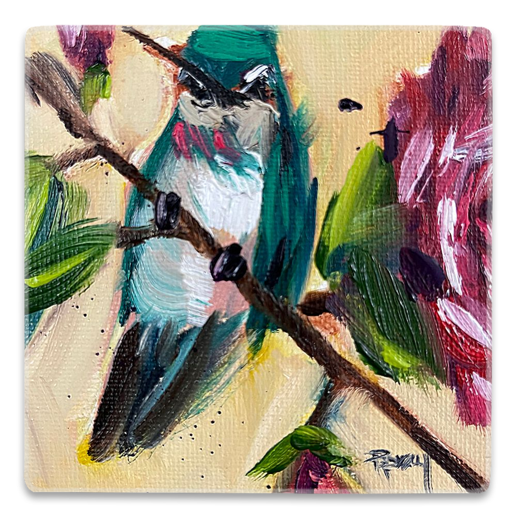 Hummingbird on a Rose Bush Square Magnet