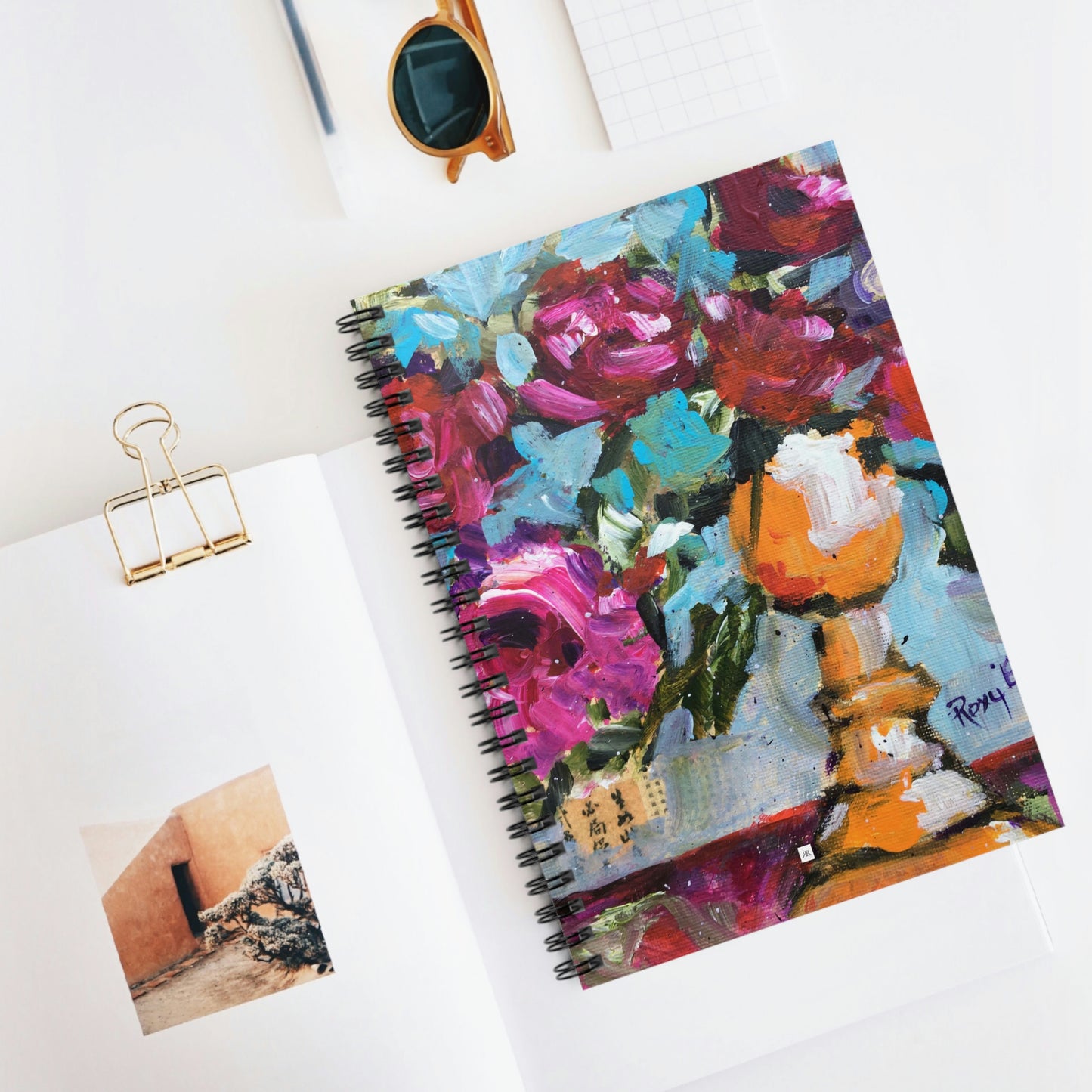 Pink Roses in an Orange Goblet Spiral Notebook